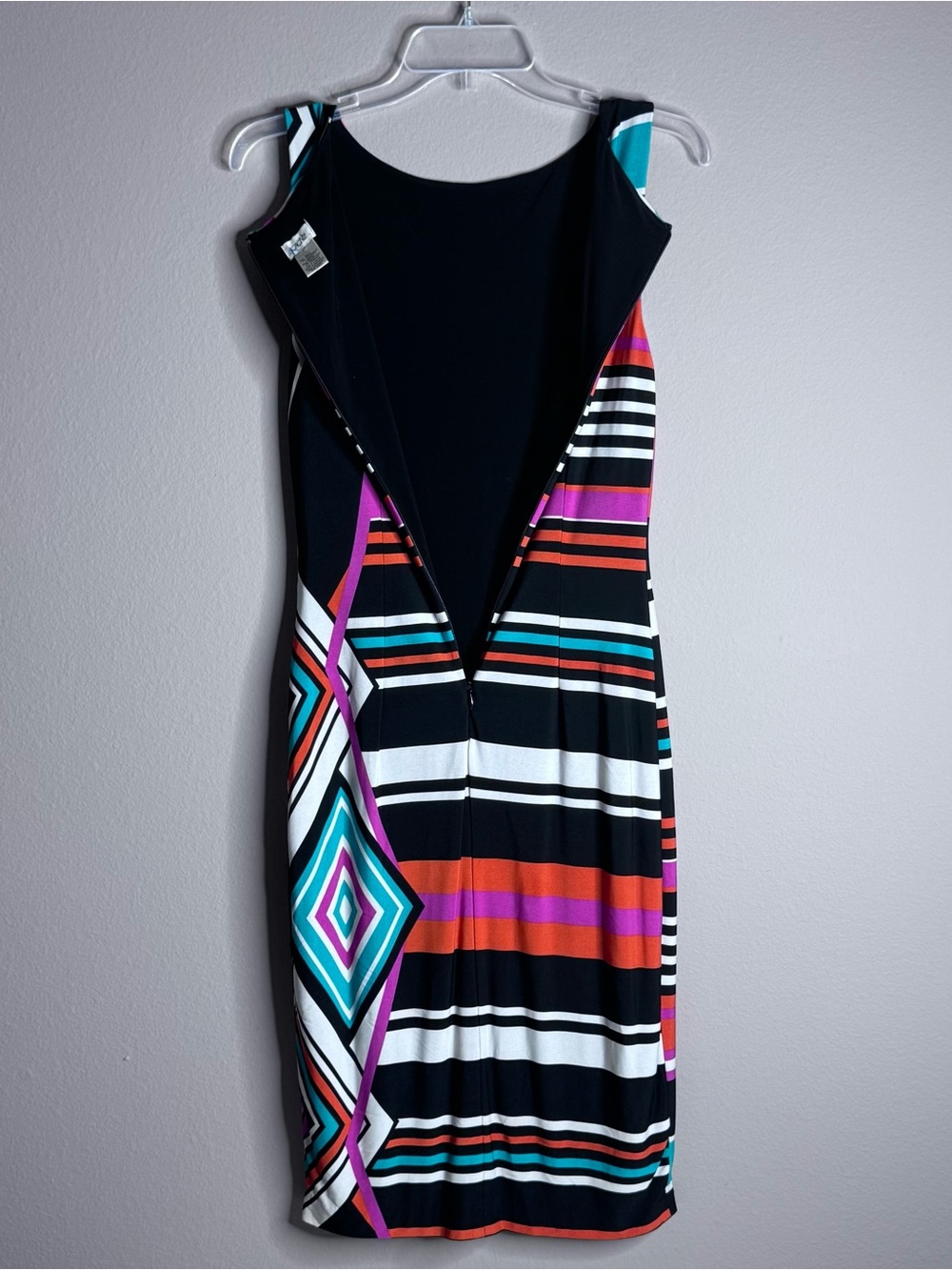 Caché Sleeveless Midi Sheath Geometric Asymmetrical Striped Pattern Dress Sz 4 - Picture 5 of 9